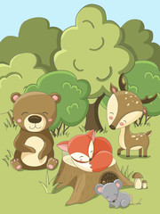 Obraz na płótnie Canvas Cute picture forest animals. Bear, fox, deer, mouse. Trees, stump, bush, mushrooms, grass. Colorful, bright, happy. perfect for design of children birthday, baby room.