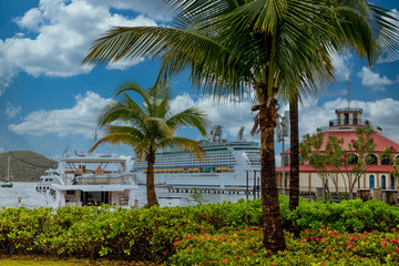 Fototapeta na wymiar A luxury cruise ship in a tropical harbor with other boats