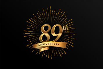 89th anniversary logotype with fireworks and golden ribbon, isolated on elegant background. vector anniversary for celebration, invitation card, and greeting card