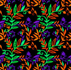 Abstract background. Orange, green and purple plants on a black background. Illustration for the decor and design of posters, postcards, prints, stickers, invitations, textiles and stationery.