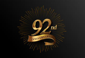 92nd anniversary logotype with fireworks and golden ribbon, isolated on elegant background. vector anniversary for celebration, invitation card, and greeting card