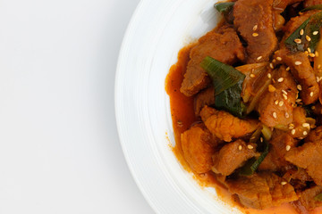 Stir-fried meat on white background