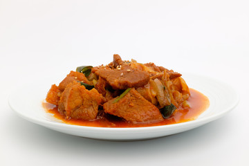 Stir-fried meat on white background