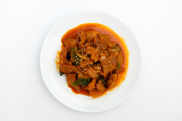Stir-fried meat on white background