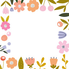 Flowers arranged in frame, place for a text, flowers, peonies, tulips and leaves vector illustration. Ideal for postcard, card, poster, flyer etc.