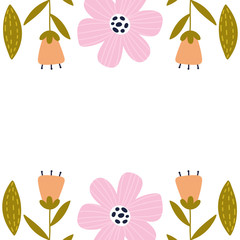 Flowers arranged in frame, place for a text, flowers, peonies, tulips and leaves vector illustration. Ideal for postcard, card, poster, flyer etc.