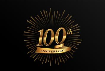 100th anniversary logotype with fireworks and golden ribbon, isolated on elegant background. vector anniversary for celebration, invitation card, and greeting card