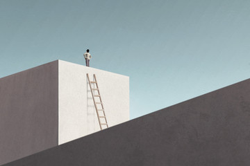 man on top of minimalist structure observing the sky