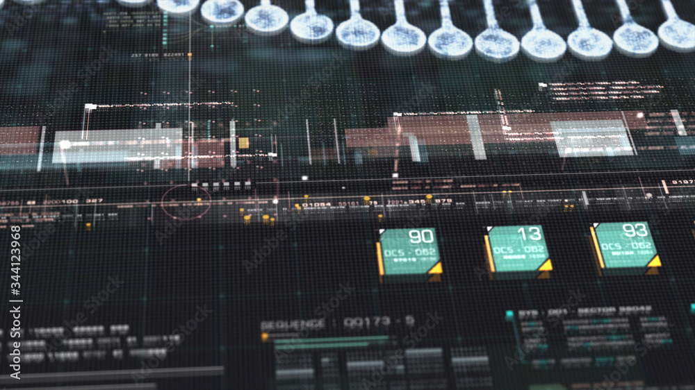 Poster Futuristic holographic advance biomedical DNA sequence analysis diagnostic head up display for background computer screen display