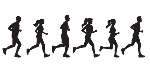 Running people silhouettes. Run concept. Men and Women jogging. Marathon race, sport and fitness design template with runners and athletes in flat style. Vector illustration.
