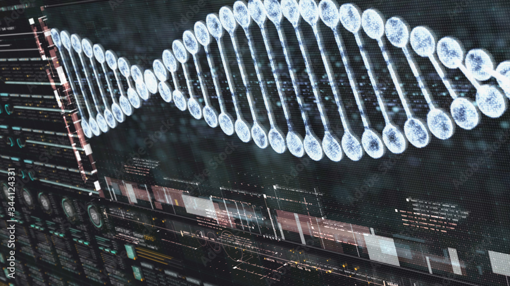 Poster Futuristic holographic advance biomedical DNA sequence analysis diagnostic head up display for background computer screen display