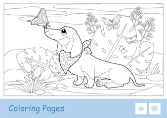 Colorless vector contour image of a dog playing with butterflies on a meadow isolated on white background. Pets-related preschool kids coloring book illustrations and developmental activity.