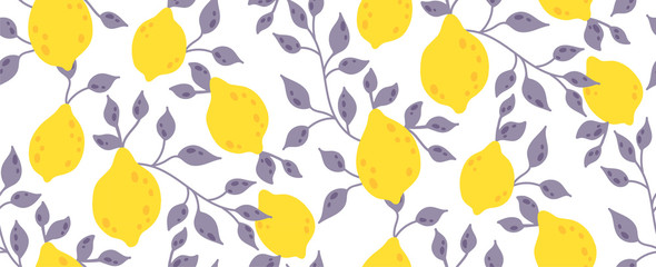 Seamless pattern with yellow lemon fruit and leaves. Tropical background. Summer vector illustration. Can be used for t-shirt print, fashion print design, fabric, and wrapping.