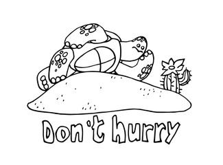 turtle resting on the sand with a cactus, the concept of vacation, procrastination, laziness, vector illustration with black contour lines isolated on a white background in a doodle & hand drawn style
