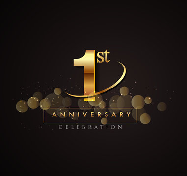 1st golden anniversary logo with swoosh and sparkle golden colored isolated on elegant background, vector design for greeting card and invitation card