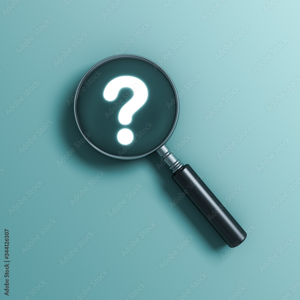 Aufkleber magnifying glass and neon light question mark isolated on green blue pastel color wall background wi