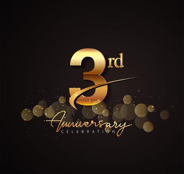 3rd golden anniversary logo with swoosh and sparkle golden colored isolated on elegant background, vector design for greeting card and invitation card