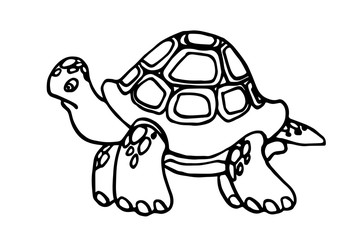 big old funny turtle in a shell, a symbol of delay and long life, vector illustration with black contour lines isolated on a white background in a doodle,  hand drawn and cartoon style