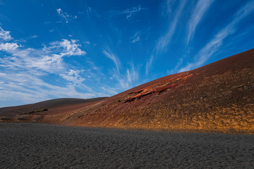 Amazing volcanic landscape of Lanzarote island, Timanfaya national park, Spain. October 2019