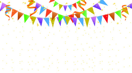 Fototapeta na wymiar Colorful Party Flags, Confetti, stars and ribbons. Holiday Festival Design for Greeting Card, Invitation or Poster. Celebration & Party. Festa Junina Brazil. Stock vector Illustration on isolated bg. 