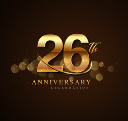 26th golden anniversary logo with swoosh and sparkle golden colored isolated on elegant background, vector design for greeting card and invitation card.