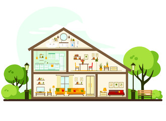 House in a cut. Detailed modern home interior. rooms with furniture. flat vector illustration