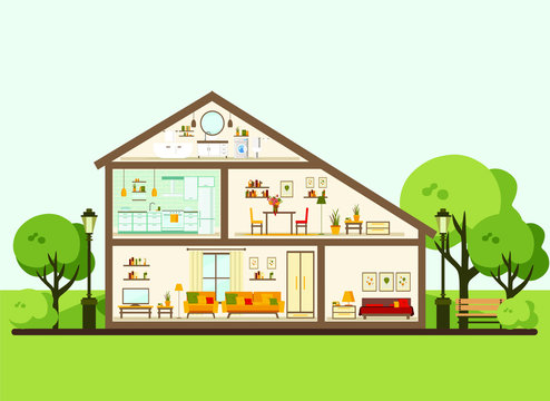 House in a cut. Detailed modern home interior. rooms with furniture. flat vector illustration