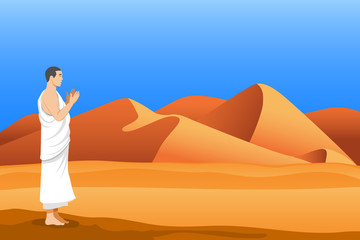 Standing And Praying Of Hajj Pilgrim At Desert