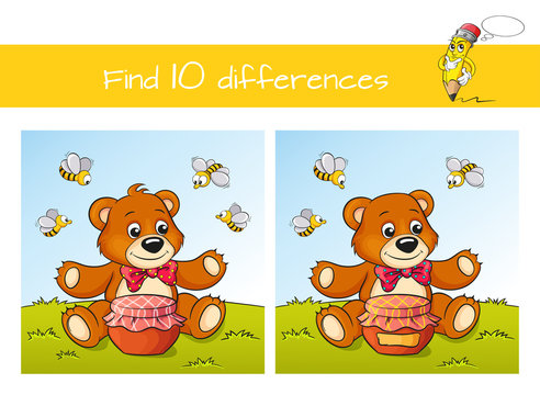Find ten differences. Educational game for kids. Cute cartoon bear with honey and bees
