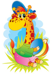 Naklejka premium cute giraffe character in a T-shirt and shorts with a cap on his head sits on the lawn and holds a toe in his hands, vector illustration,