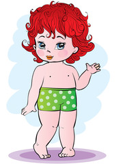 little curly girl waving hand in greeting, isolated object on a white background, vector illustration,