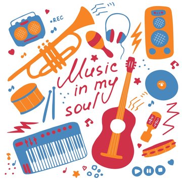 Set of musical emblem. Flat illustrations for digital and print. Musical icons set. Hand-written inscription Music in my soul. Vector