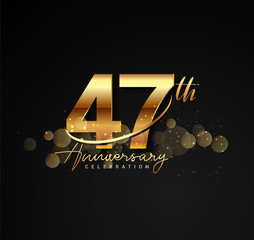 47th golden anniversary logo with swoosh and sparkle golden colored isolated on elegant background, vector design for greeting card and invitation card.