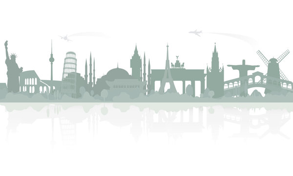 Skyline overlooking world famous architectural landmarks. Sample travel banner, travel advertisements. Vector monochrome isolated illustration.