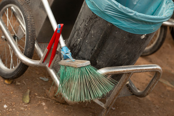 Set of street cleaning - broom, rubbish bag and dustpan