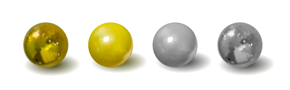 Vector group of a silver and golden balls with shadows isolated on white background, metallic realistic 3D objects set.