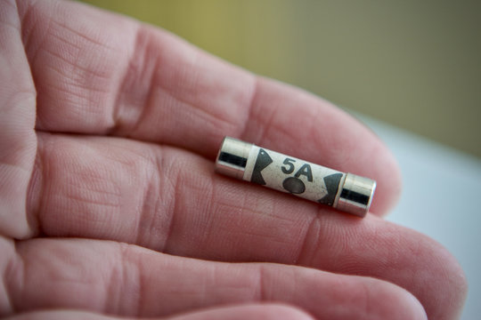 5 amp plug fuse held by a mans hand