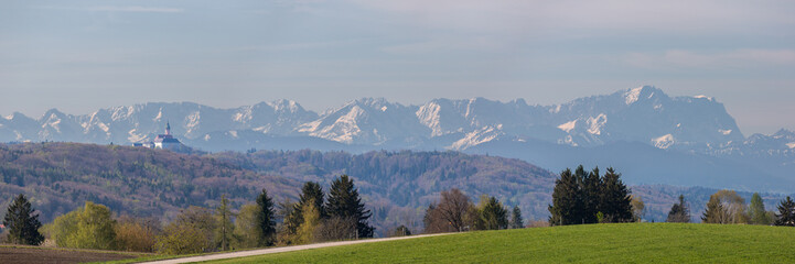 Wetterstein mountain range with Zugspitze and Kloster Andechs