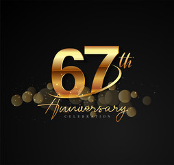 67th golden anniversary logo with swoosh and sparkle golden colored isolated on elegant background, vector design for greeting card and invitation card.