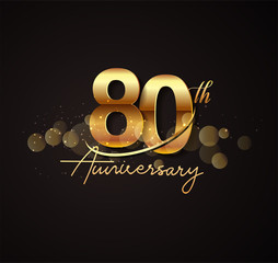 80th golden anniversary logo with swoosh and sparkle golden colored isolated on elegant background, vector design for greeting card and invitation card.