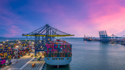Container cargo ship at industry sea port, import export commerce global business trade logistic and transportation oversea worldwide by container cargo vessel ship boat, Freight shipping maritime. - obrazy, fototapety, plakaty