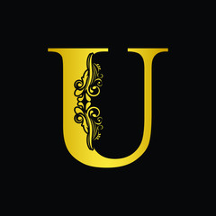 Gold letter U. Vintage golden flower ornament initial letters.  Alphabet. Logo vector 