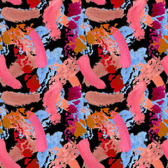 Watercolor make up seamless pattern. Hand drawn seamless cosmetics pattern with lipsticks texture on black background.