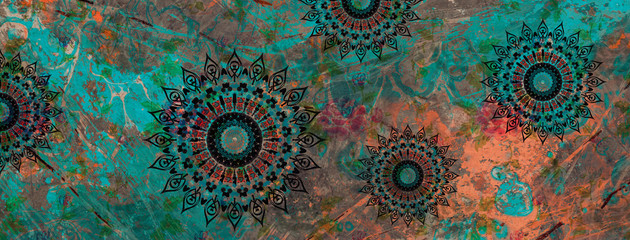 mandala colorful vintage art, ancient Indian vedic background design, old painting texture with multiple mathematical shapes