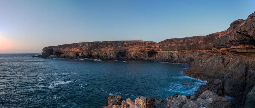 ajuy beach on Fuerteventura islans at sunset. Canary, Spain, october 2019
