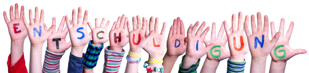 Children Hands Building Colorful German Word Entschuldigung Means Apology. White Isolated Background - obrazy, fototapety, plakaty