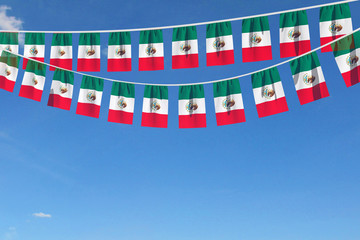 Mexico flag festive bunting hanging against a blue sky. 3D Render