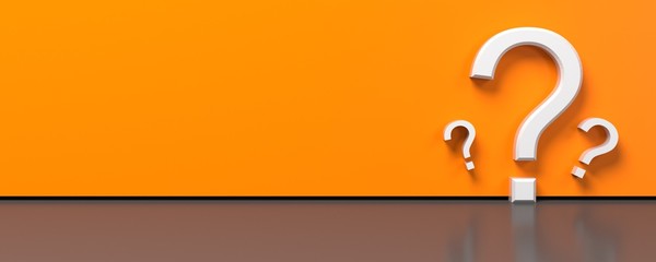 Question mark symbol on orange background for FAQ or questionnaire concept. 3D illustration
