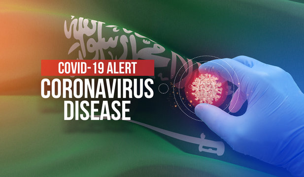 COVID-19 alert, coronavirus disease - letter typography text. Medical virus molecular concept with flag of Kingdom of Saudi Arabia. 3D illustration.