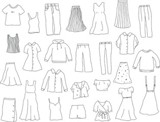 洋服の手描きイラストのセット／かわいい／線画／ゆるい